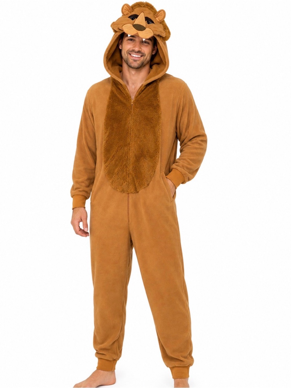 Men's adult Cozy Lion Onesie Jumpsuit - Brown pajamas Halloween full zip SZ XL